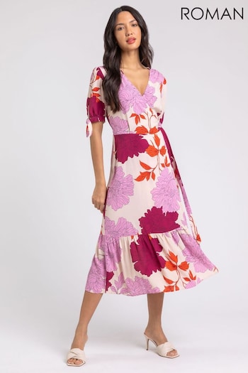 Roman Pink Floral Frill Hem Wrap Midi Dress (Q65592) | £48