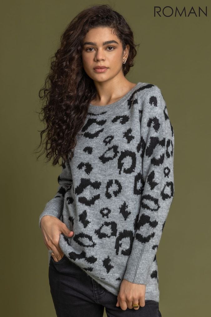 Warehouse grey outlet leopard print jumper