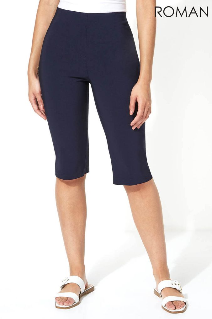 Navy blue knee length shorts women's sale
