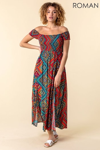 Roman Red/Blue Print Shirred Bardot Maxi Dress (Q65726) | £35