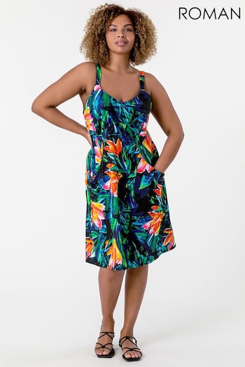 Roman Black Curve Tropical Print Strappy Dress (Q65758) | £30