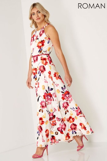 Roman Off White Floral Belted Maxi Dress (Q65785) | £60