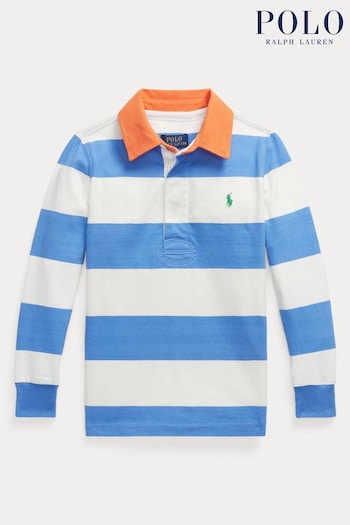 Polo Ralph Lauren Blue Striped Cotton Jersey Rugby Shirt (Q65866) | £79 - £89
