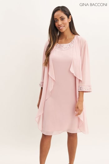 Gina Bacconi Pink Joseline Short Chiffon Jacket Dress With Beaded Neckline (Q65921) | £195