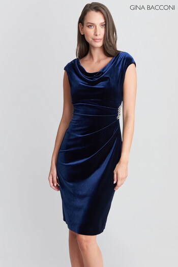 Gina Bacconi Blue Jeanie Velvet Cowl Neck Dress With Embellished Hip (Q65922) | £220