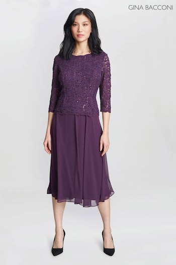 Gina Bacconi Purple Rona Midi Length Dress With Lace Bodice and Chiffon Skirt (Q65924) | £299