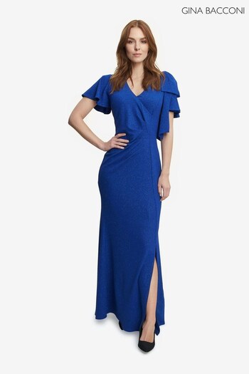 Gina Bacconi Blue Metallic Maxi Dress With V-Neck And Bow At Sleeve (Q65927) | £260