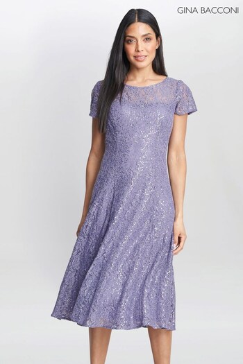 Gina Bacconi Purple Genny Cap Sleeve Midi Length Sequin Lace Dress (Q65969) | £250