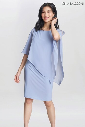 Gina Bacconi Blue Zenna Beaded Shoulder Chiffon Dress (Q65971) | £250