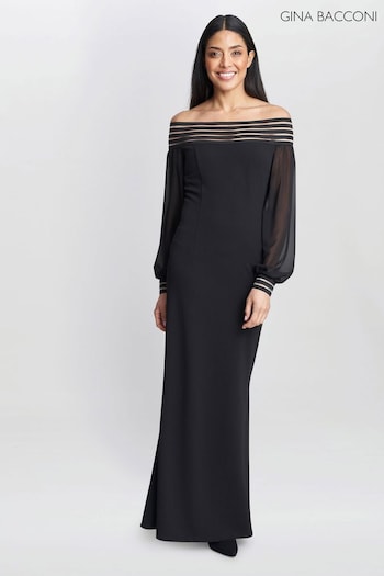 Gina Bacconi Vanessa Crepe Maxi Black Dress With Neck Trim (Q65990) | £220