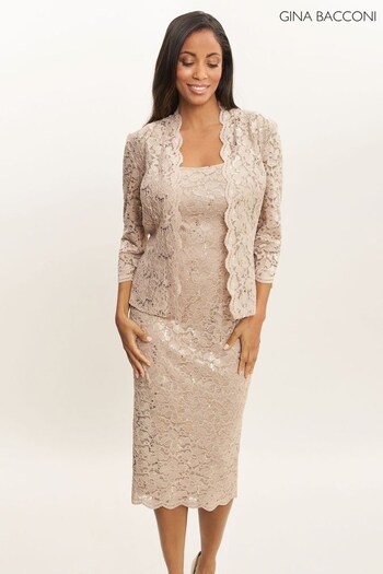 Gina Bacconi Natural Kayla Sequin Lace Shift Dress With Jacket (Q66003) | £240