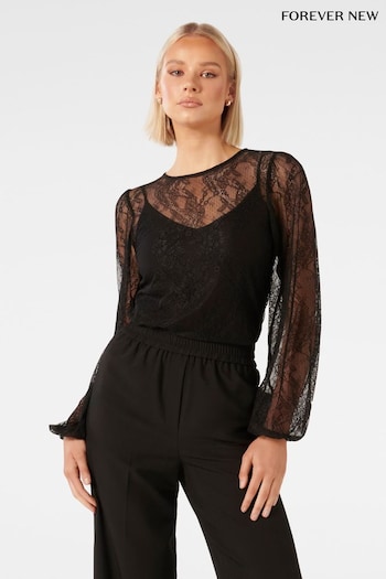 Forever New Black Alexis Round Neck Lace Top (Q66059) | £45