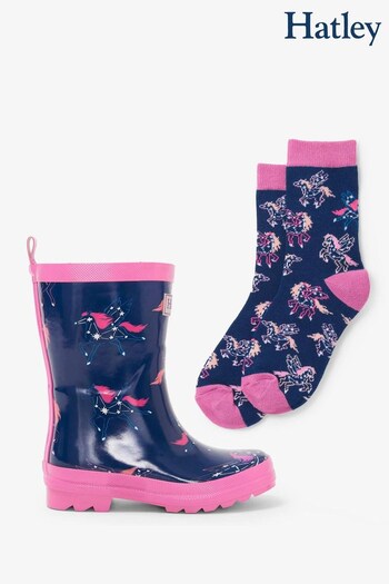 Hatley Blue Pegasus Constellations Shiny Rain when Boots & Matching Socks (Q66196) | £35
