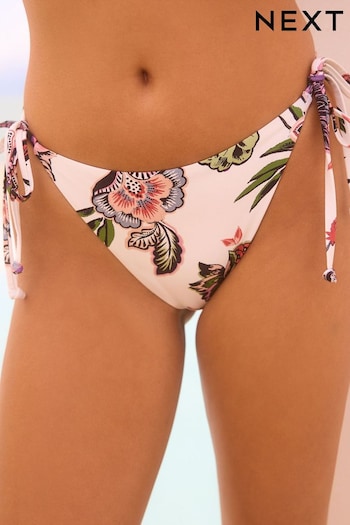 Cream/Pink Floral Tie Side Bikini Bottoms (Q66308) | £16