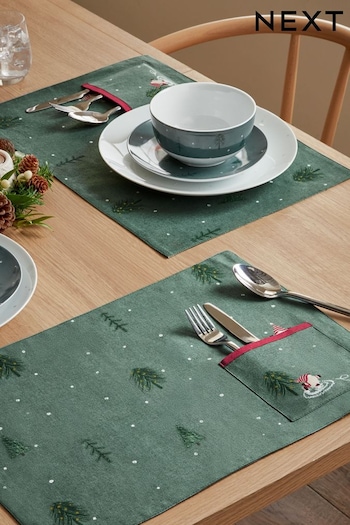 Set of 2 Green Christmas Gonk 100% Cotton Placemats With Cutlery Pouch (Q66508) | £16