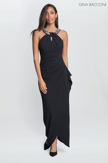 Gina Bacconi Kasandra Halter Beaded Neck Maxi Black Dress (Q66532) | £250