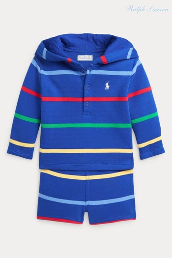 Polo Ralph Lauren Blue Striped Fleece Henley Hoodie Shorts Set (Q66663) | £109