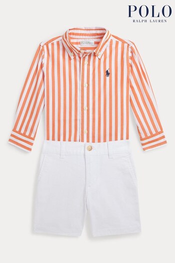 polo ralph lauren lspohood m2 long sleeve knit Orange Striped Cotton Shirt  Chino Shorts Set (Q66672) | £115