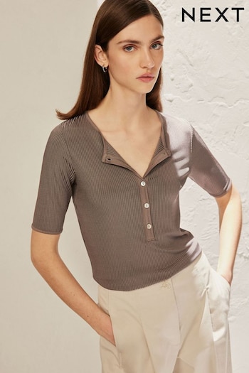 Mink Brown Ribbed Short Sleeve Premium Henley T-Shirt (Q66676) | £35