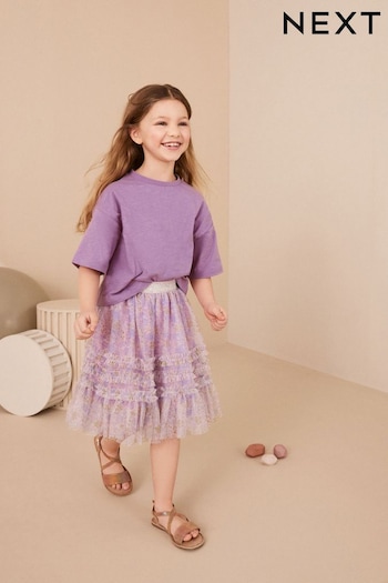 Mauve Purple T-Shirt And Floral Mesh Skirt Set (3-16yrs) (Q66690) | £24 - £30