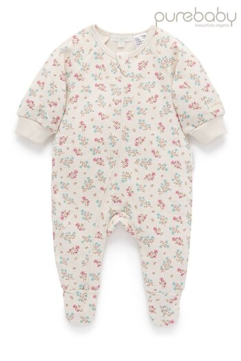 Purebaby Cream Mist Floral Fleece Zip Sleepsuit (Q66694) | £28