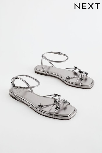 Pewter Metallic Jewelled Flower Strappy Sandals (Q66743) | £35