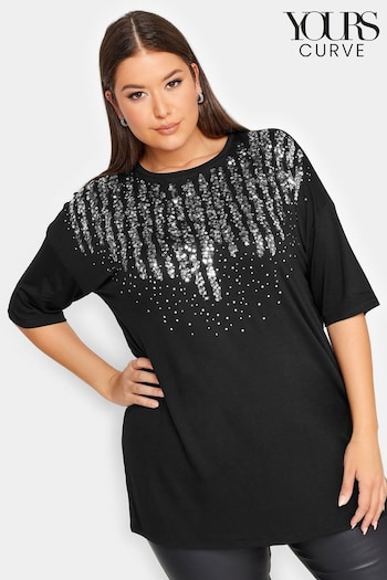 Yours Curve Black Sequin Embellished T-Shirt (Q66755) | £26