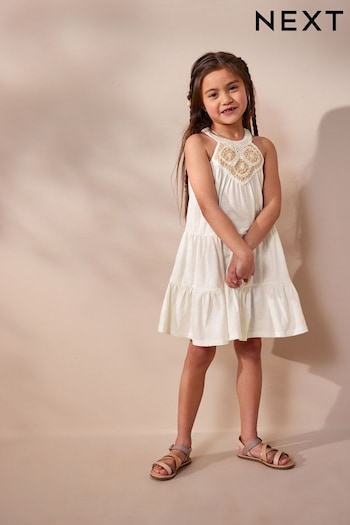 White Crochet Tiered Jersey Dress (3-16yrs) (Q66864) | £21 - £27