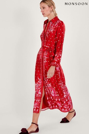 Monsoon Red Shiloh Satin Shirt Dress (Q66902) | £110