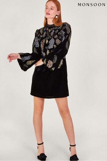 Monsoon Fenix Embellished Feather Black Dress (Q66941) | £150
