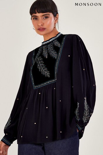 Monsoon Casey Embroidered Black Blouse (Q66942) | £65