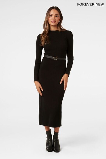 Forever New Black Petite Hannah Belted Midi Knit Dress (Q67042) | £85