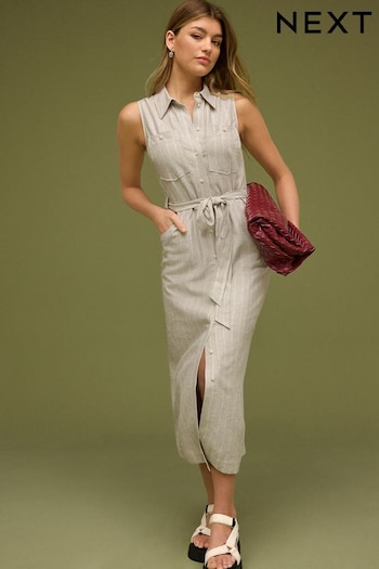 Mink Brown Linen Utility Pocket Sleeveless Midi Louze Dress (Q67050) | £48