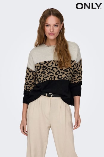 ONLY Cream Leopard Print Colourblock Knitted Jumper (Q67058) | £30