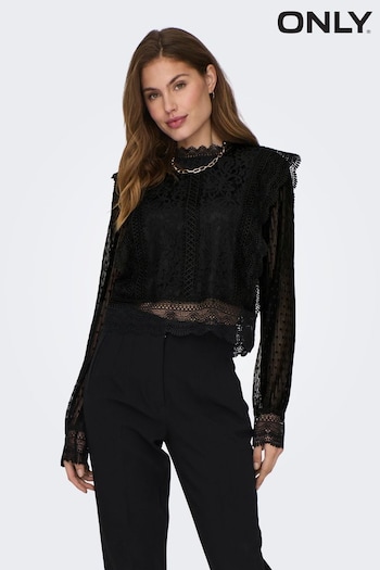 ONLY Black Lace Frill Mesh Blouse (Q67065) | £35