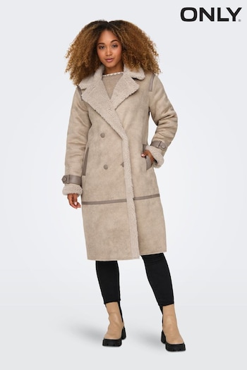 ONLY Cream Longline Cosy Teddy Button Up Aviator Coat (Q67101) | £88