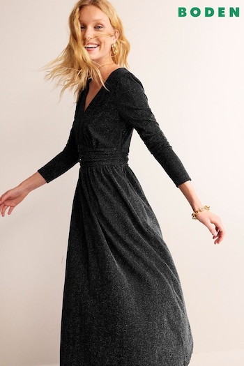 Boden Black Ruched Sparkle Midi Dress (Q67183) | £110