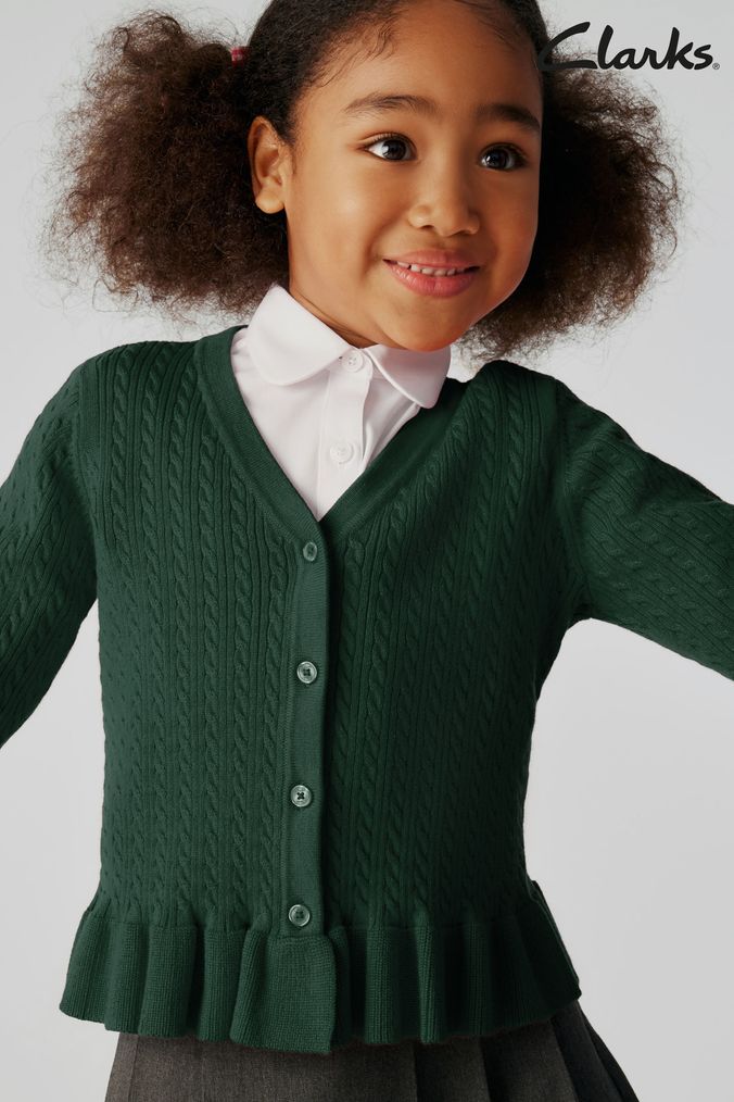 Girls Green School Cardigans V Neck Cable Knit
