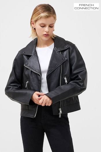 French Connection Connie Leather Long Sleeves Biker Black Jacket (Q67414) | £295