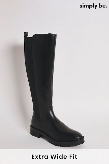 Simply Be Black Classic Strech Back Knee High Boots in Extra Wide Fit (Q67599) | £49