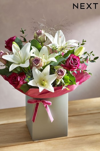 Lilac Rose and Lily Fresh Flower Bouquet in Gift Bag (Q67748) | £32