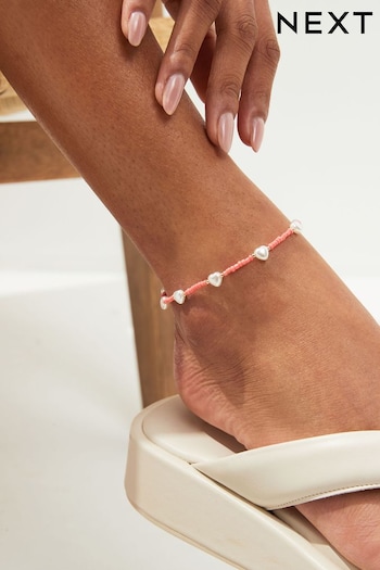 Coral Pink Beaded Heart Detail Anklet (Q67752) | £8