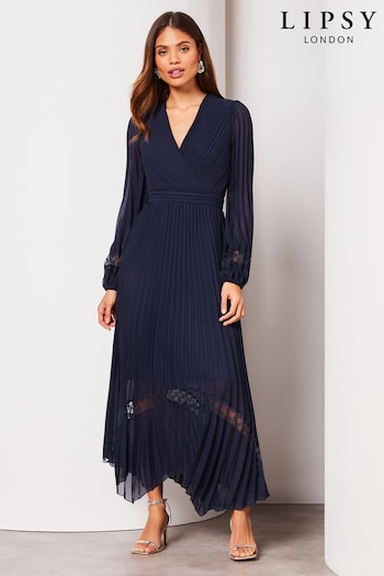 Lipsy Navy Blue Long Sleeve Pleated Lace V Neck Midi Nero Dress (Q67776) | £96