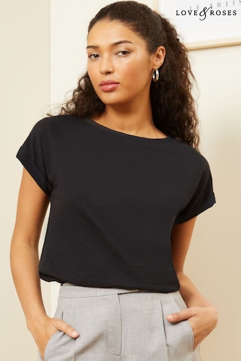 Love & Roses Black Petite Crew Neck Woven Trim Linen Look Jersey T-Shirt (Q67795) | £16