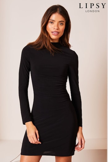 Lipsy Black Long Sleeve Draped Jersey Mini Dress (Q67801) | £45