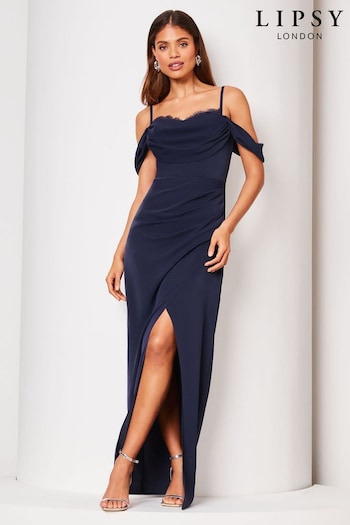 Lipsy Navy Blue Cowl Lace Cami Drape Maxi Dress (Q67802) | £95