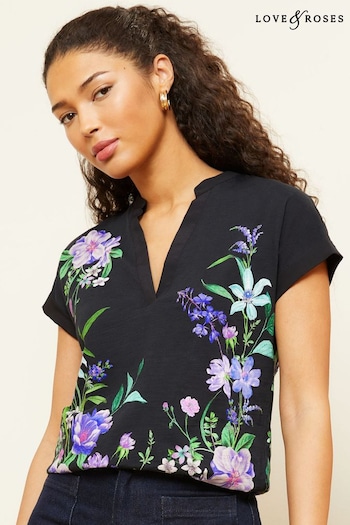 Love & Roses Black Floral Petite Jersey V Neck Woven Trim Short Sleeve T-Shirt (Q67808) | £28