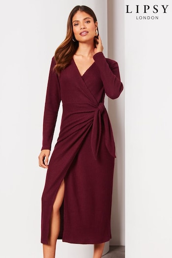 Lipsy Berry Red Long Sleeve Cosy Tie Side Wrap Midi Jumper Dress (Q67809) | £49