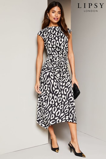Lipsy Black/White Sleeveless Printed Ruched Midi Dress (Q67819) | £48
