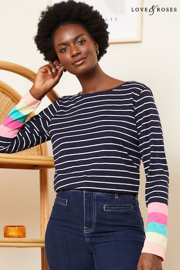 Love & Roses Navy Blue Rainbow Stripe Boat Neck T-Shirt (Q67844) | £28